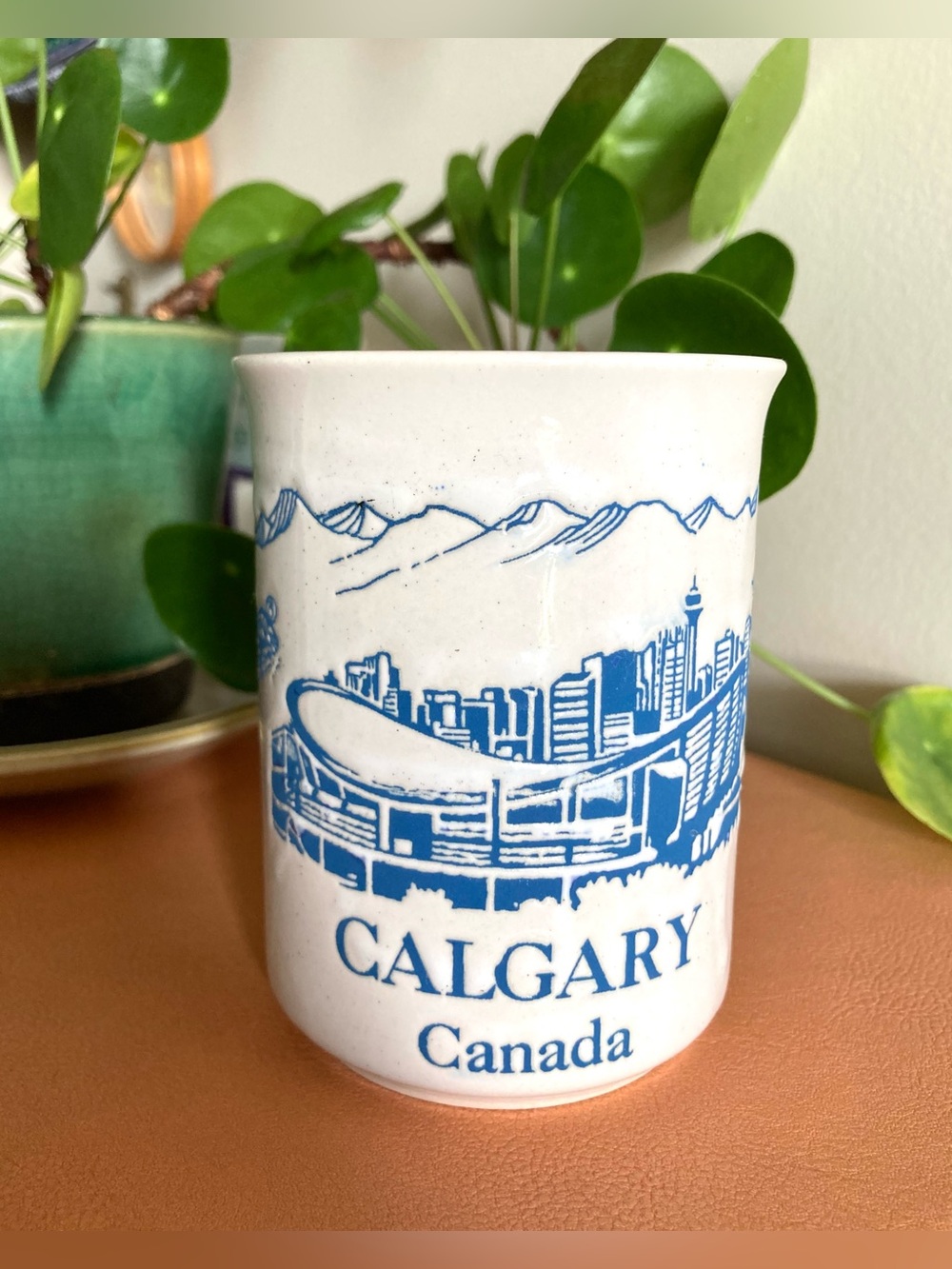 Vintage Calgary Canada Souvenir Mug Blue Skyline & Saddledome 1988 Olympics Era